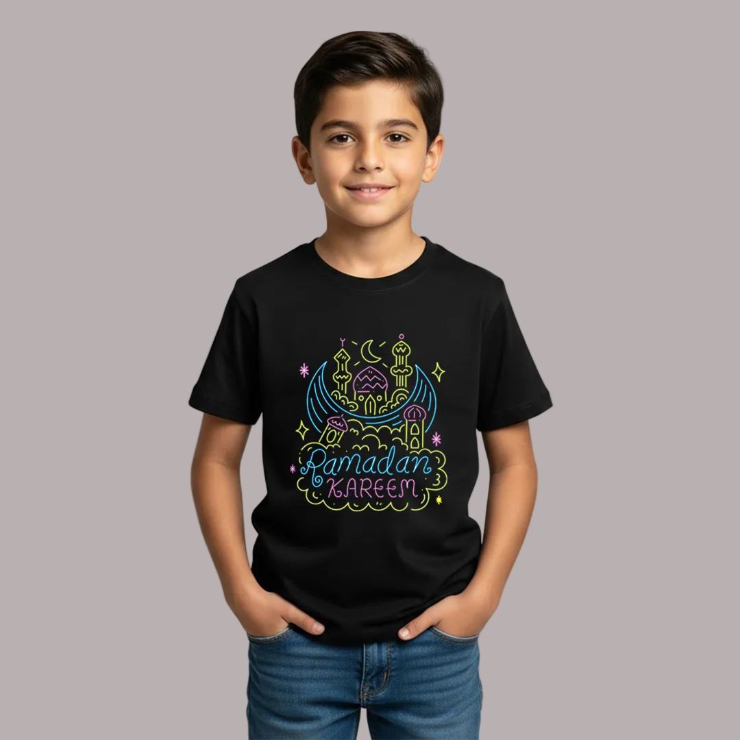 Ramadan Kareem Kids T-Shirt - Boys & Girls 2026 Collection - Neon Graphic Moon & Mosque Design -  Kids Sizes - Cotton Short Sleeve Tees