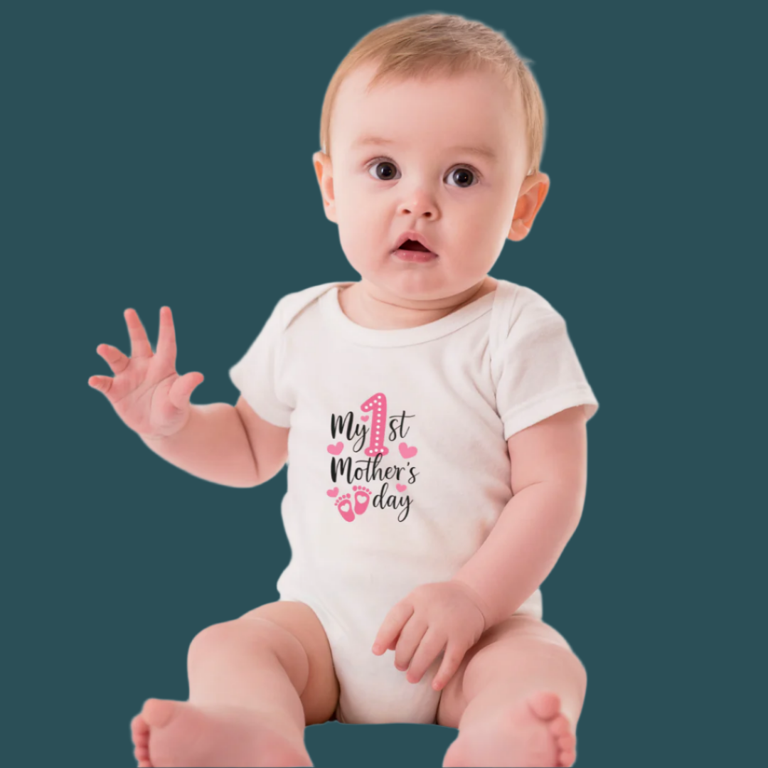 Baby First Mother's Day Onesie, 100% Cotton Romper with Pink Hearts Design