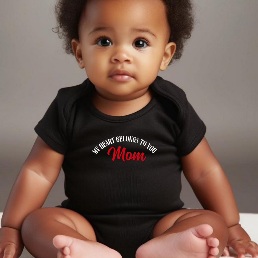 Baby Onesie with 'My Heart Belongs to You Mom' Text, 100% Cotton Romper, Mother's Day Gift