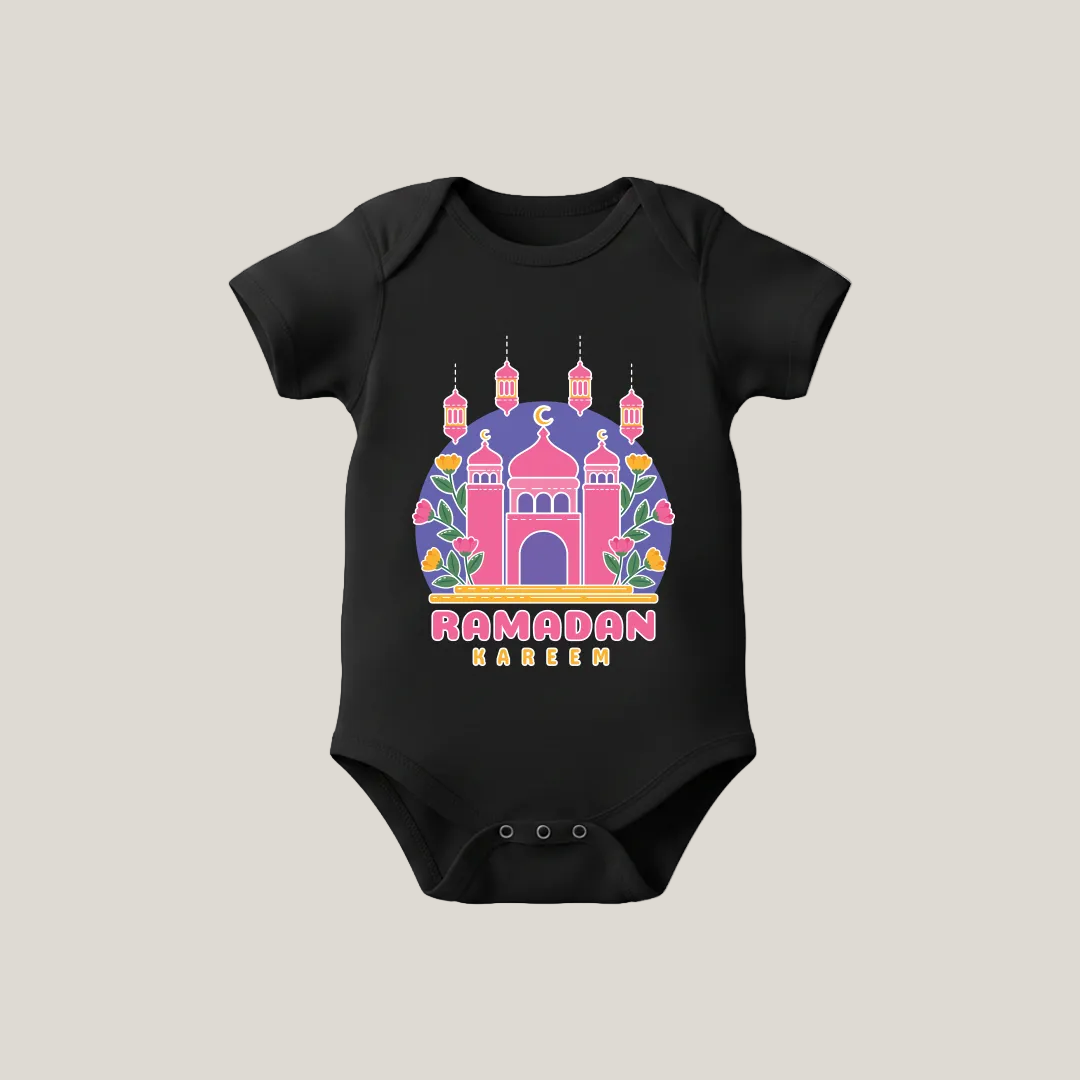 Ramadan Kareem baby romper in 100% cotton. Soft, breathable short sleeve infant onesie with easy snap closure