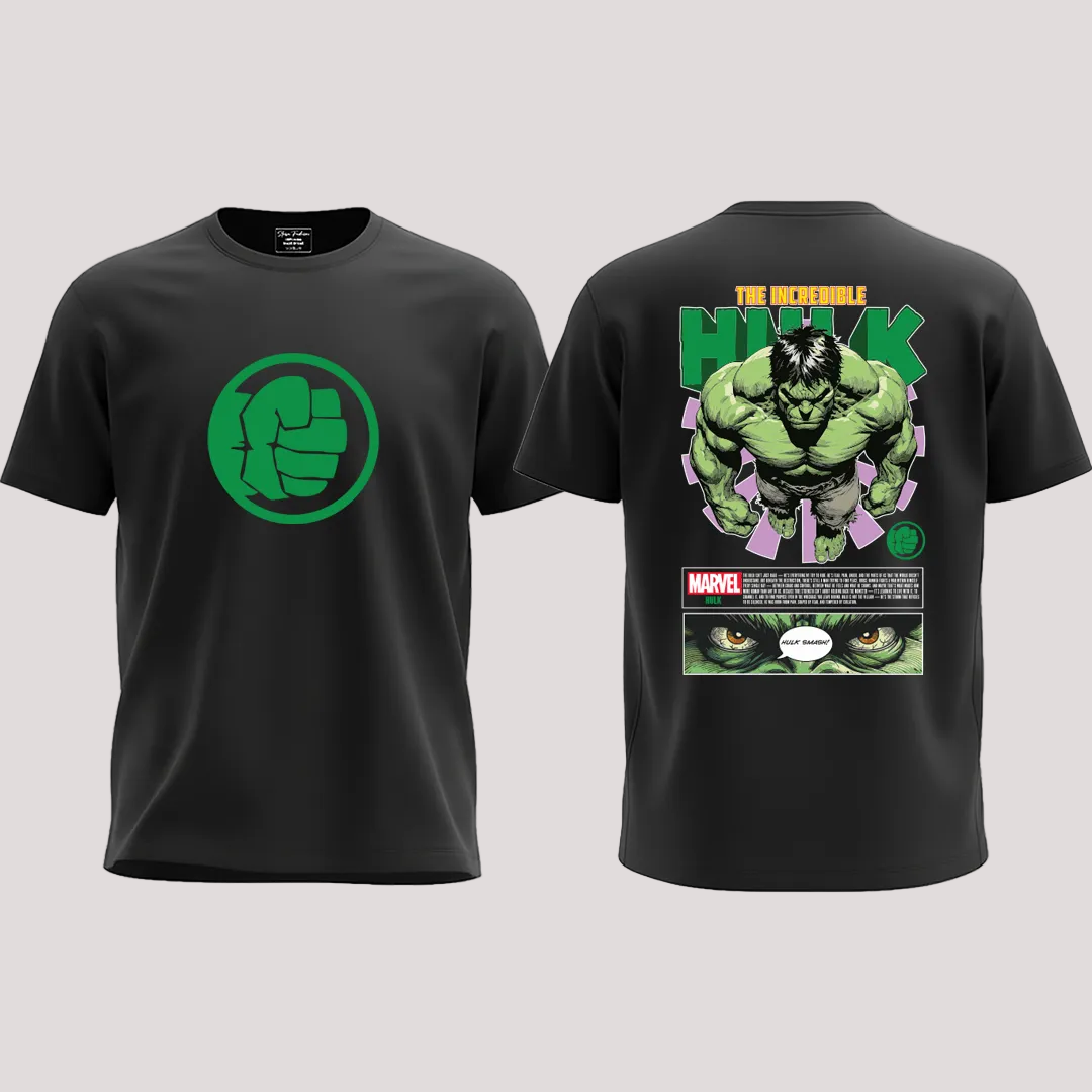 Marvel The Incredible Hulk Unisex Graphic T-Shirt - Cotton Tees with Front Fist Logo & Back Comic Art Print
