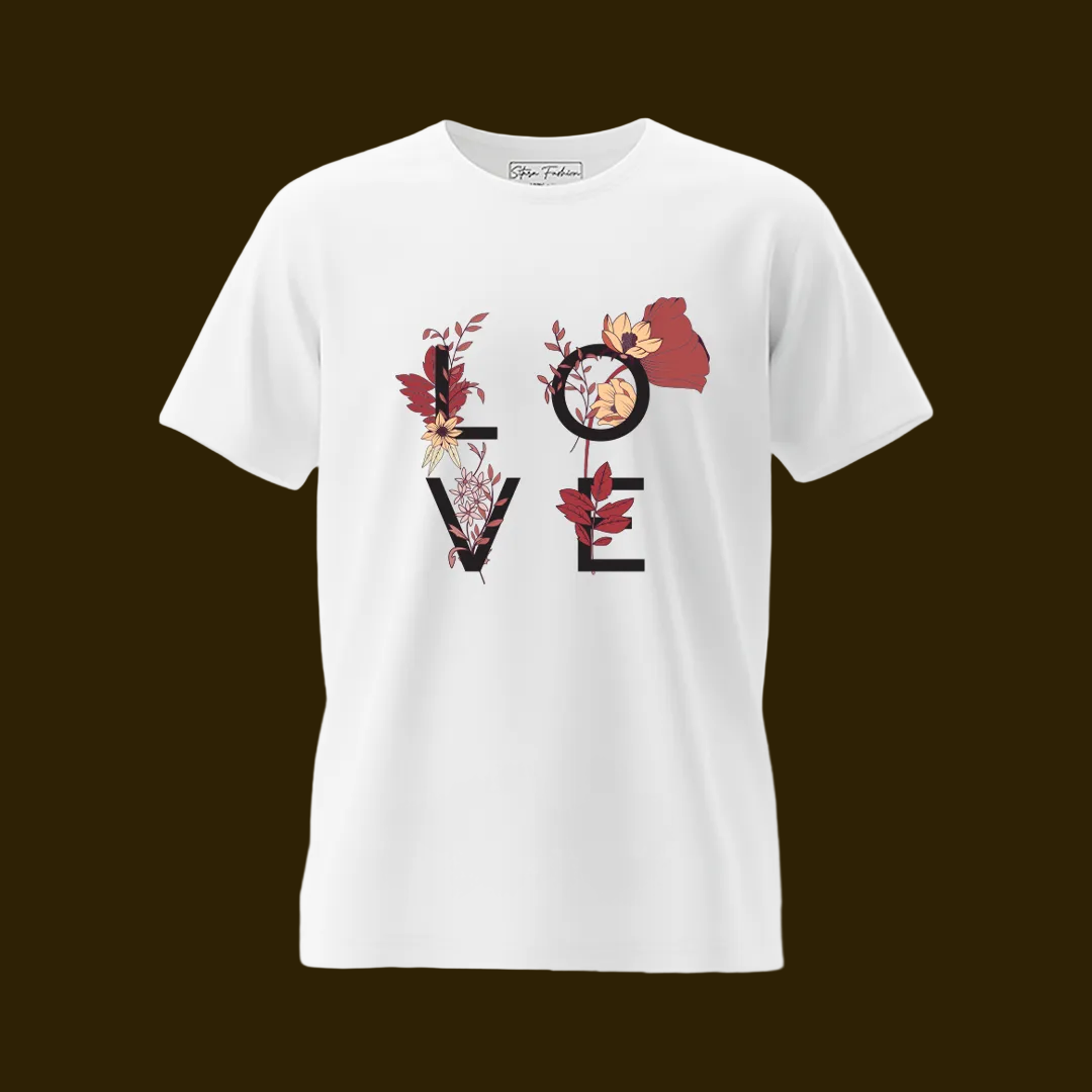Floral Typography "LOVE" Couple T-Shirts | Aesthetic Botanical Graphic Tees | Matching Tees for Couples