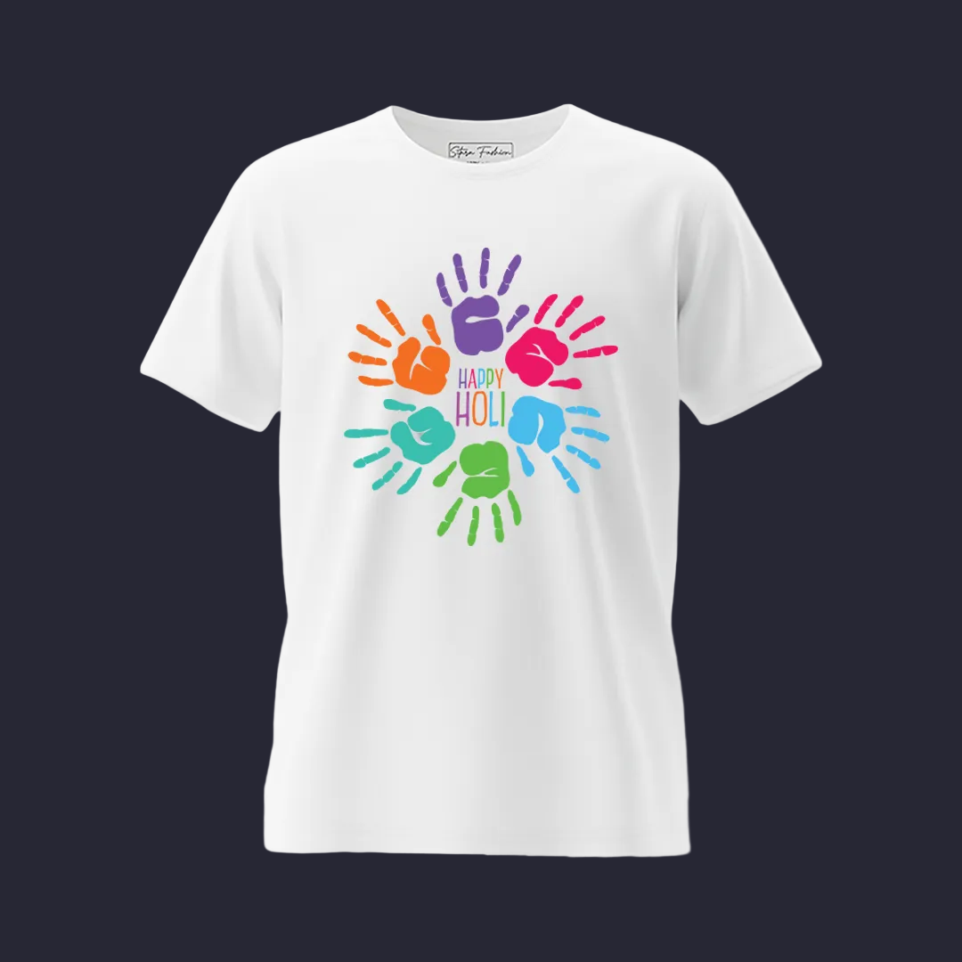 Colorful Handprint Happy Holi T-Shirt | Festive White Graphic Tees for Men & Women - Sitara Fashions