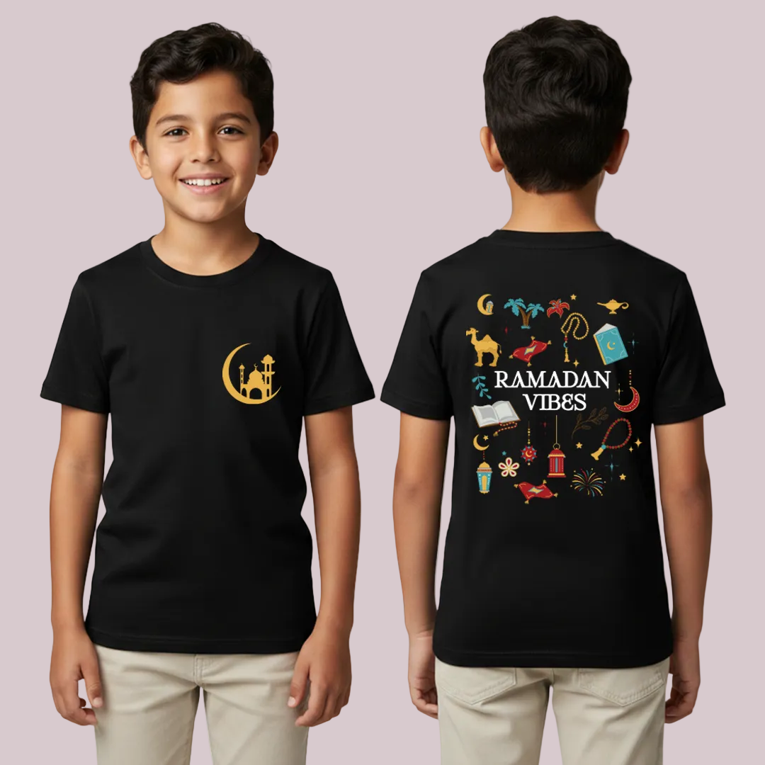 Ramadan Collection 2026 Kids T-Shirt, "Ramadan Vibes" Graphic Tees for Boys & Girls, Festive Islamic Gift, Soft Breathable Crew Neck Short Sleeve Tees
