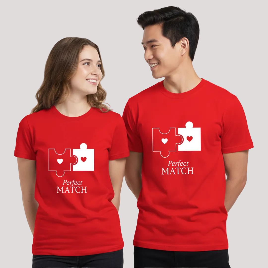 Valentine’s Day Matching Couple T-Shirts – "Perfect Match" Jigsaw Puzzle Graphic Tees –  Cotton T-Shirts for Lovers and Married Couples