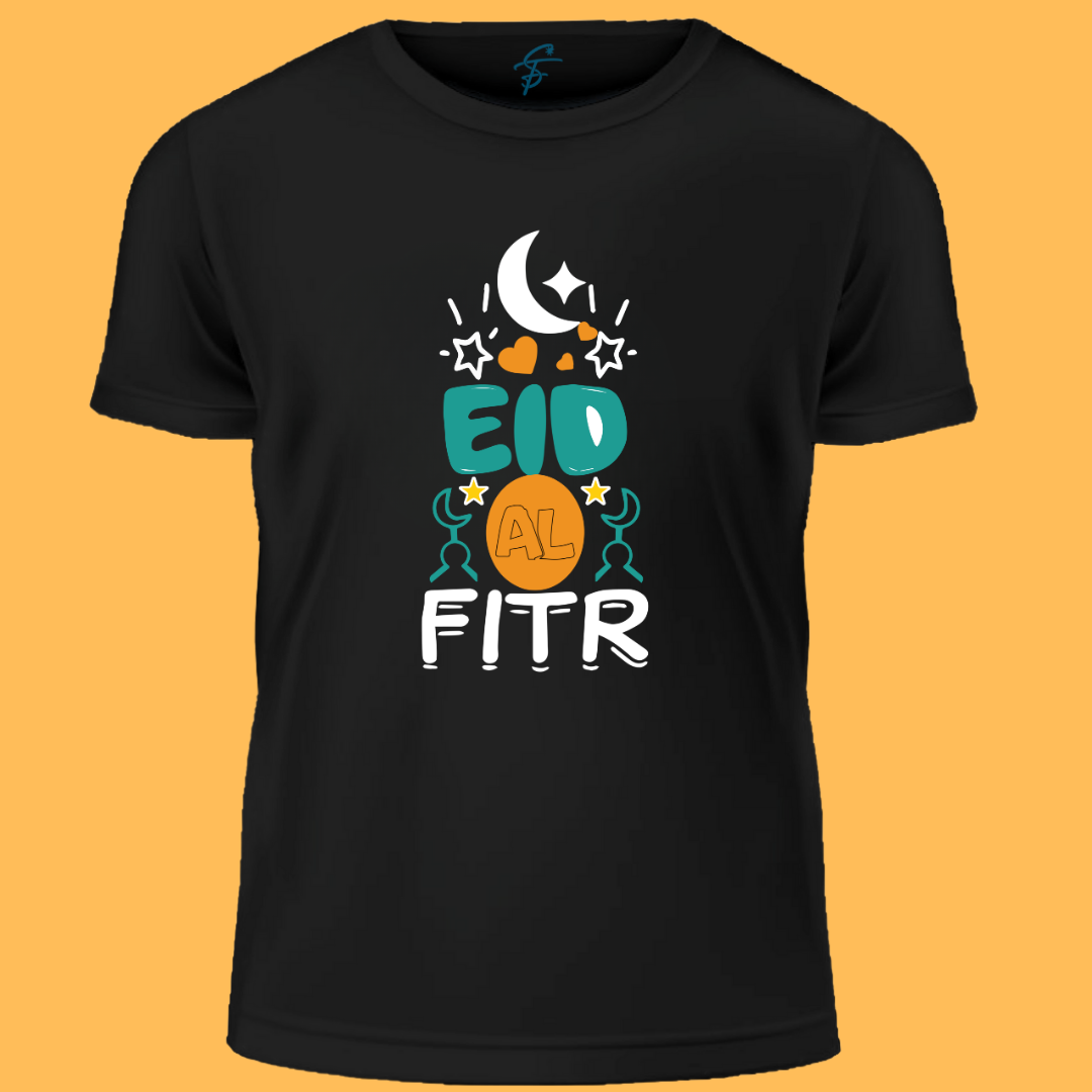 Eid Al Fitr Celebration T-Shirt, Black 100% Cotton, Festive Moon and Stars Design