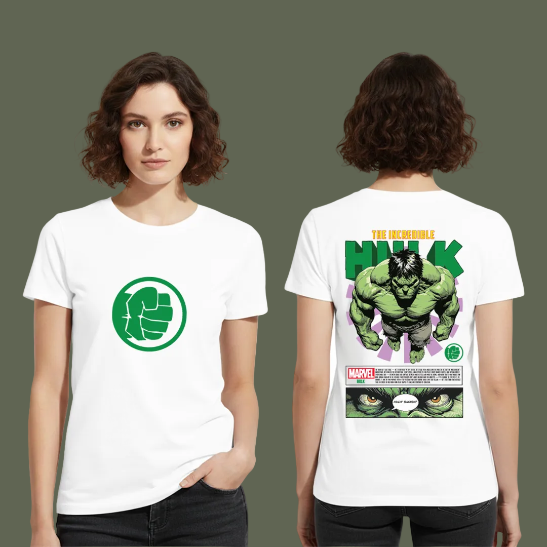 Marvel The Incredible Hulk Unisex Graphic T-Shirt - Cotton Tees with Front Fist Logo & Back Comic Art Print