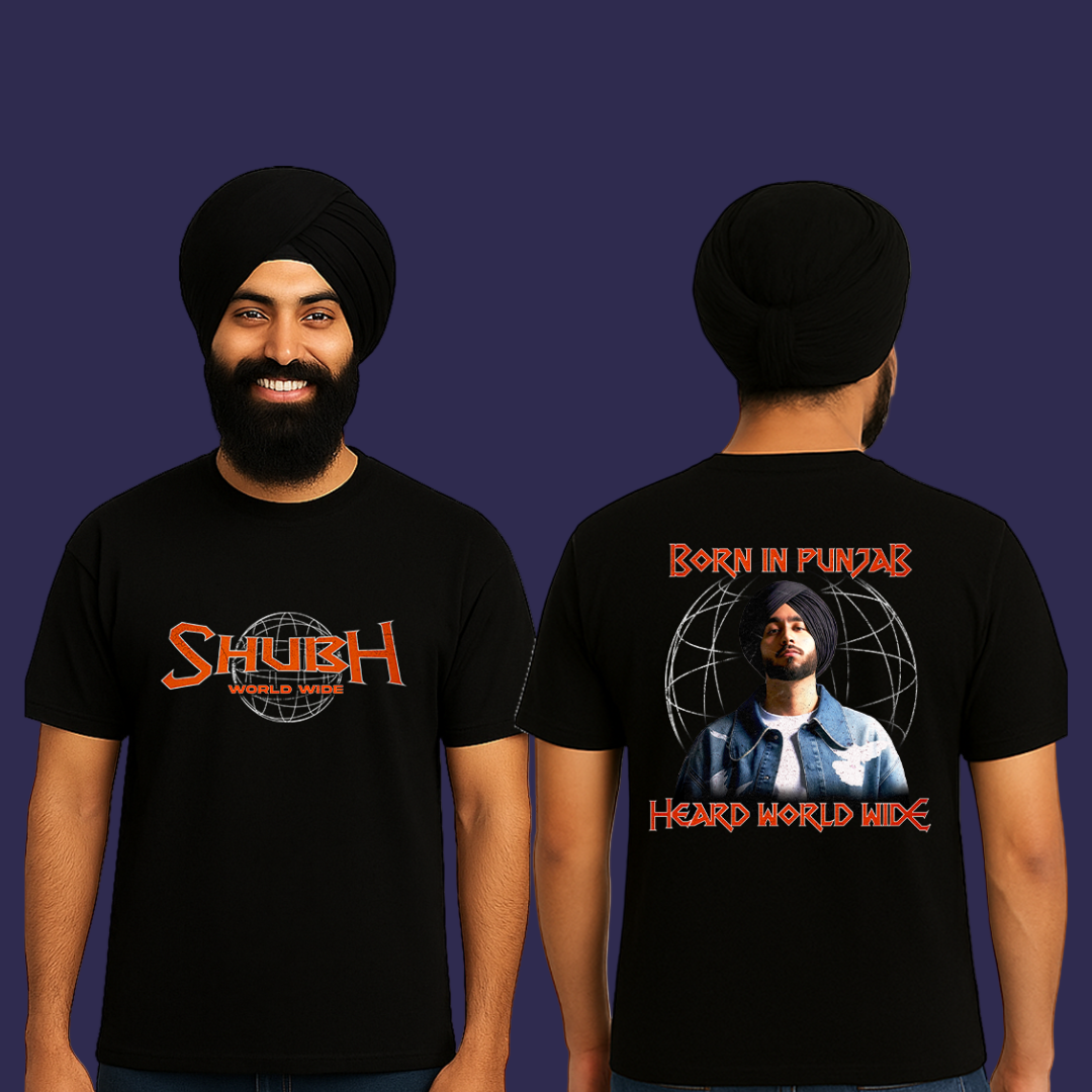 Shubh World Wide T-Shirt | Born in Punjab Heard World Wide Graphic Tee | Punjabi Rapper Hip Hop Streetwear Black Cotton for Men & Fans