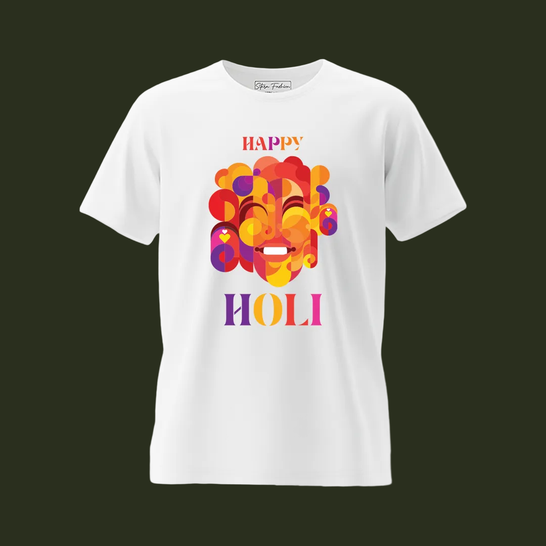 Unisex Happy Holi Shirt - Artistic Geometric Mosaic Face Design - Premium Breathable White Graphic Tee - Vibrant Multi-Color Apparel for Men & Women - Sitara Fashions