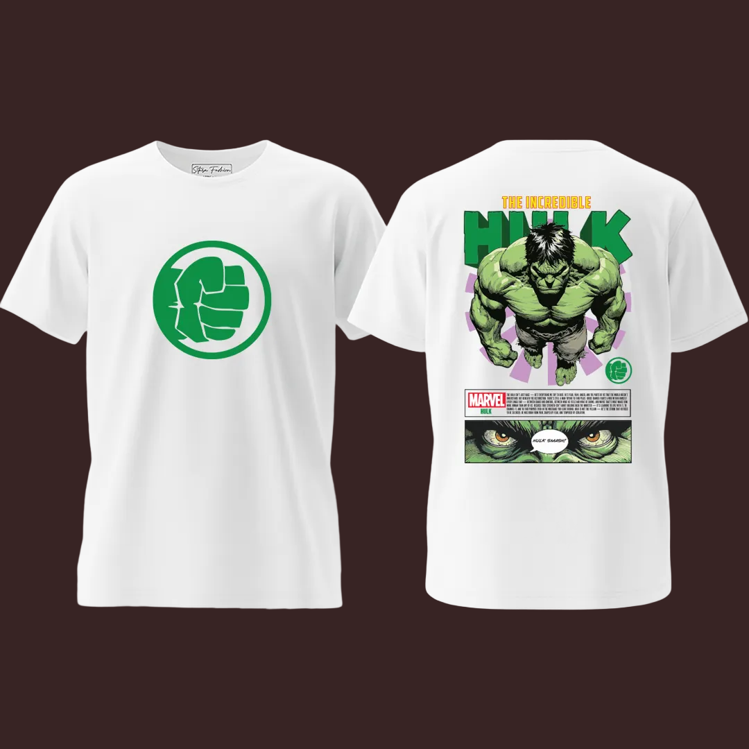 Marvel The Incredible Hulk Unisex Graphic T-Shirt - Cotton Tees with Front Fist Logo & Back Comic Art Print