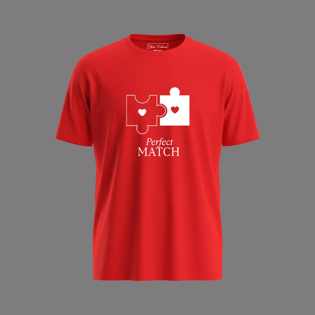 Valentine’s Day Matching Couple T-Shirts – "Perfect Match" Jigsaw Puzzle Graphic Tees –  Cotton T-Shirts for Lovers and Married Couples