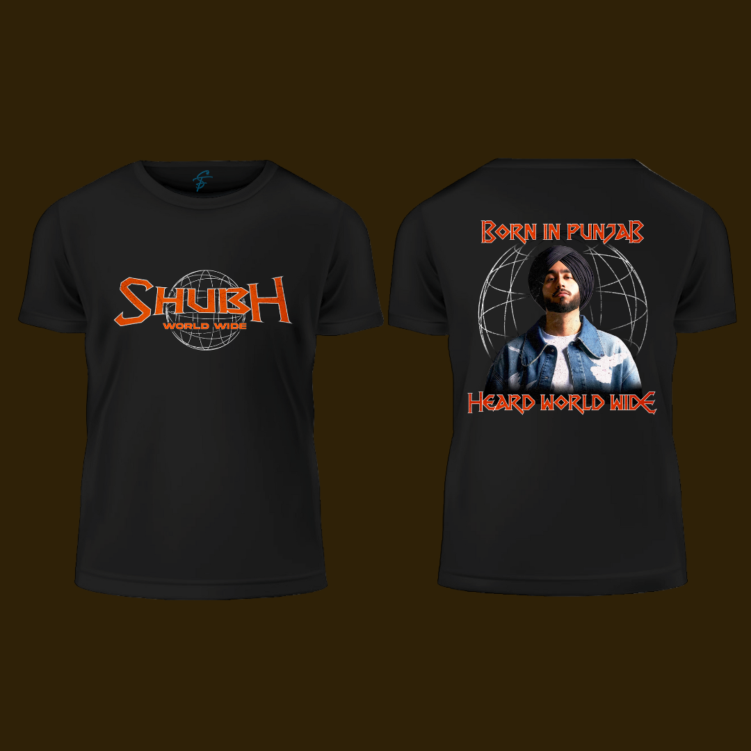 Shubh World Wide T-Shirt | Born in Punjab Heard World Wide Graphic Tee | Punjabi Rapper Hip Hop Streetwear Black Cotton for Men & Fans