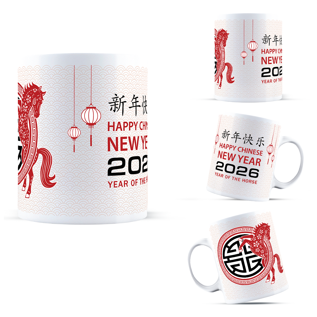 2026 Year of the Horse Chinese New Year Mug – Red & White Ceramic Coffee Cup with Zodiac Horse Art and Traditional Lanterns – Lunar New Year Gift