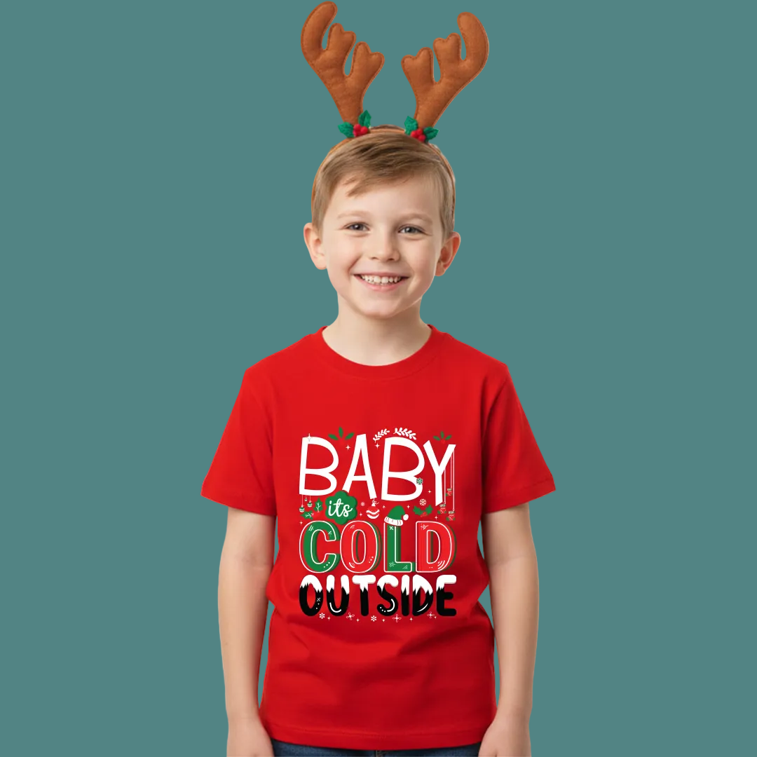 Kids' Christmas T-Shirt: "Baby It's Cold Outside" Reindeer Antlers Holiday Tees
