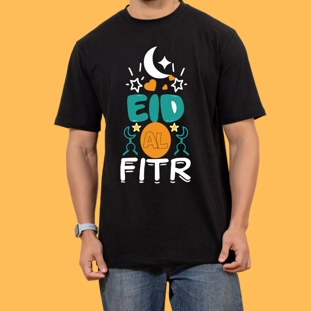 Eid Al Fitr Celebration T-Shirt, Black 100% Cotton, Festive Moon and Stars Design