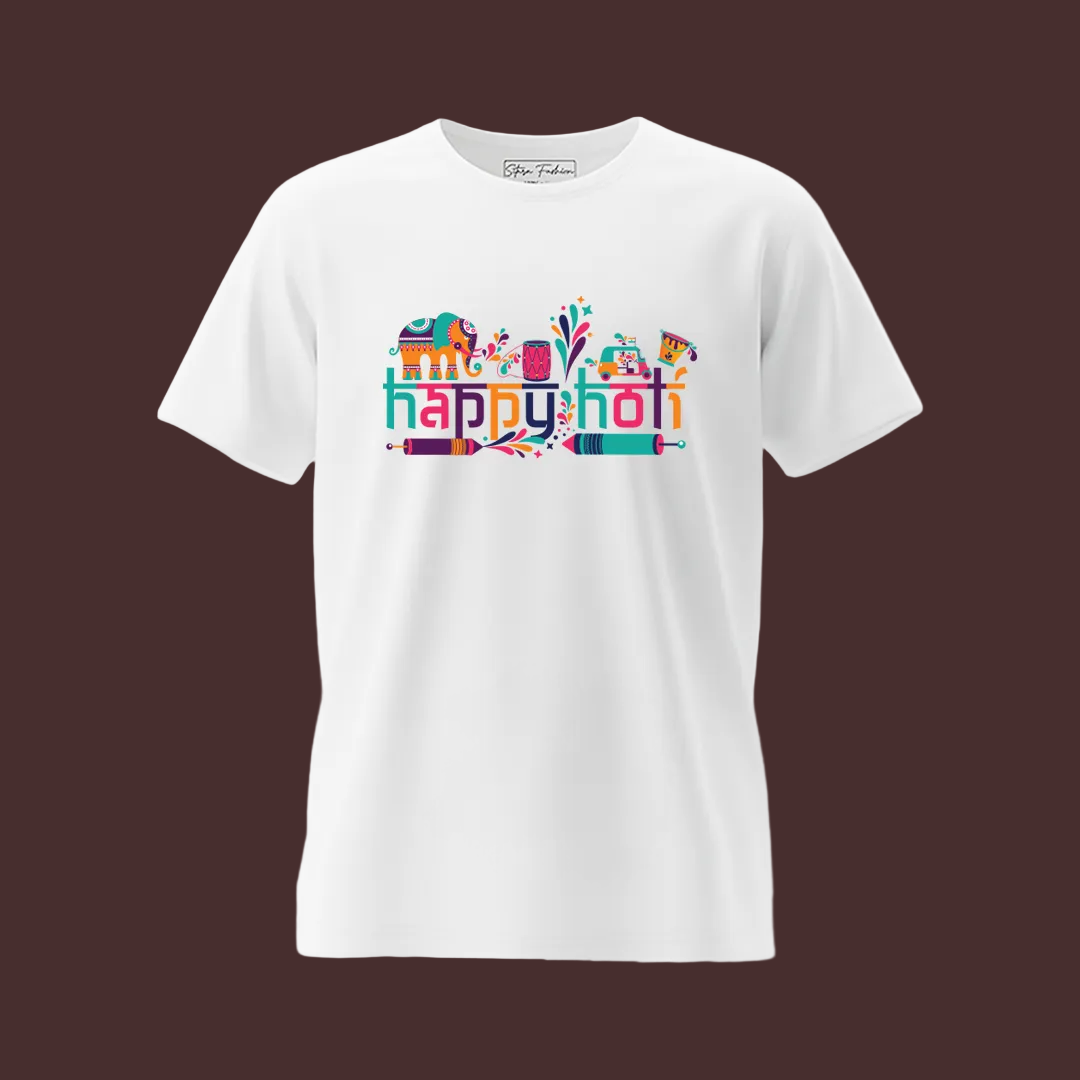 Happy Holi T-Shirt for Men & Women | Vibrant Festival of Colors Graphic Tees | White Round Neck Short Sleeve Cotton Blend T-Shirt | Holi Celebration - Sitara Fashions