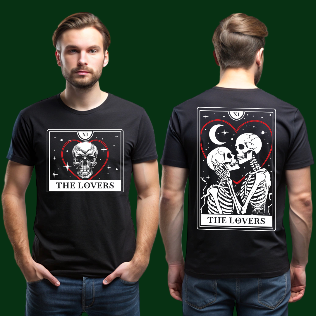 Tarot Card XI The Lovers T-Shirt  Front & Back Print Skull Heart Tee  Mystical Occult Witchy Goth
