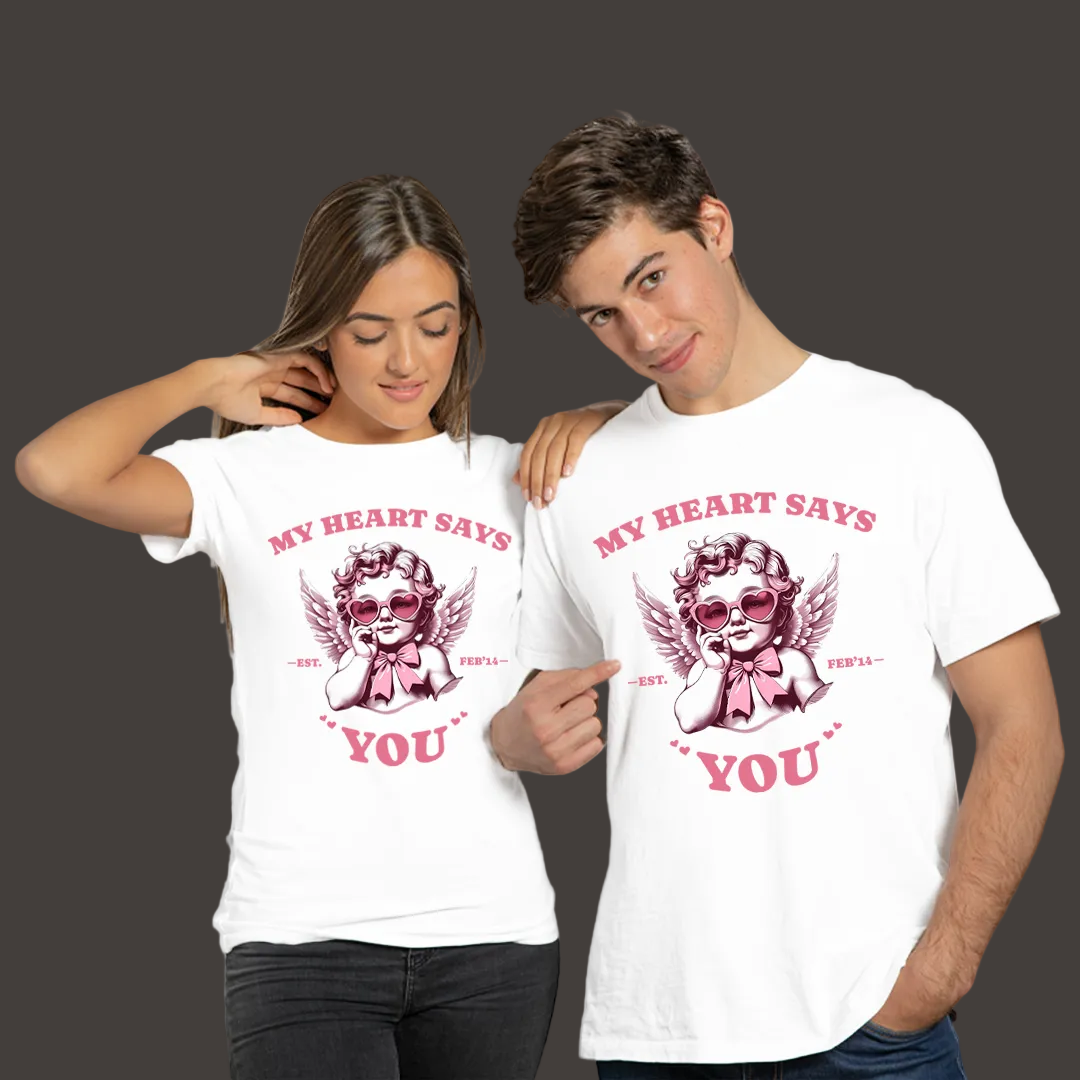 Valentine's Day Couple Shirts, Matching Couple Tees, My Heart Says You, Cupid Graphic Tees.
