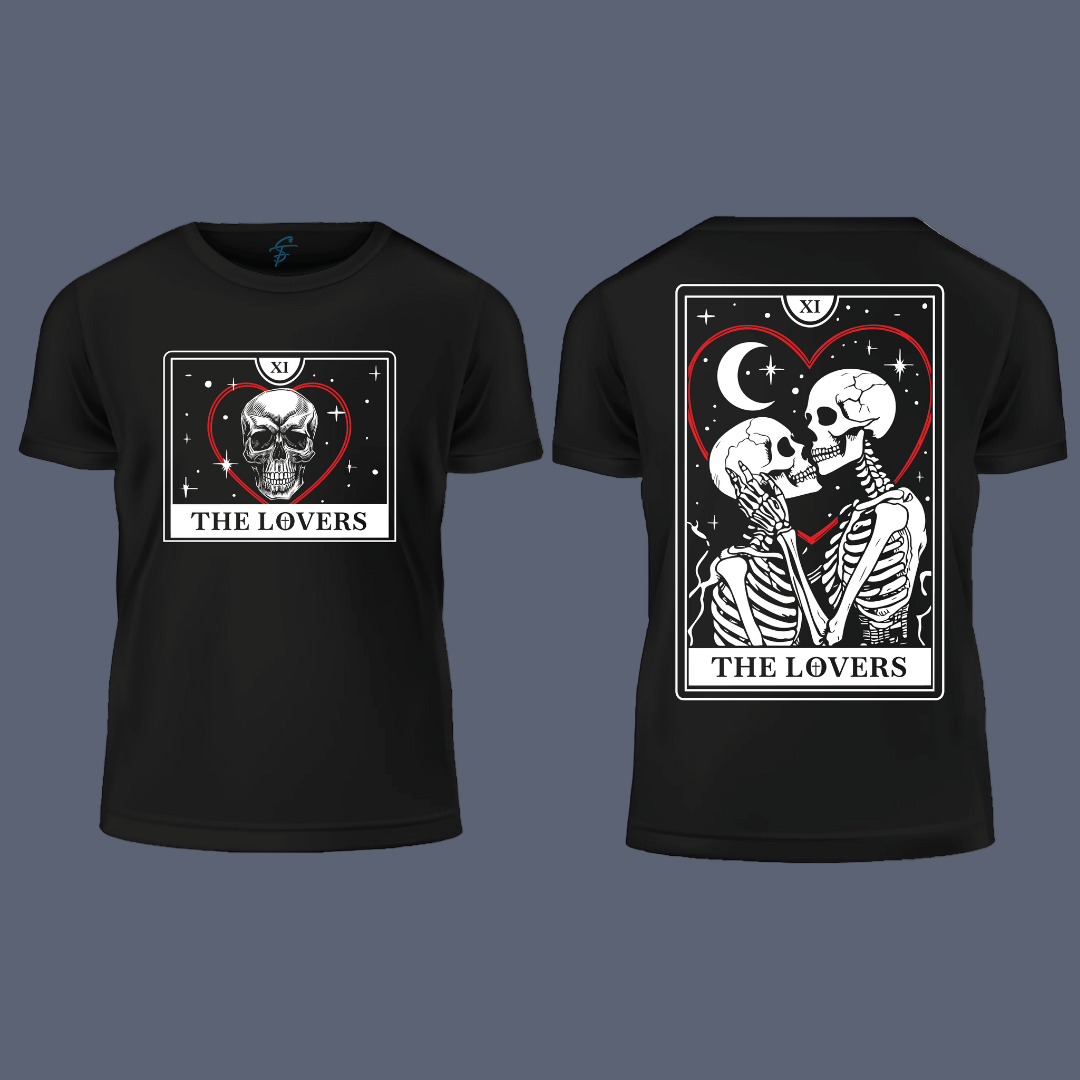 Tarot Card XI The Lovers T-Shirt  Front & Back Print Skull Heart Tee  Mystical Occult Witchy Goth