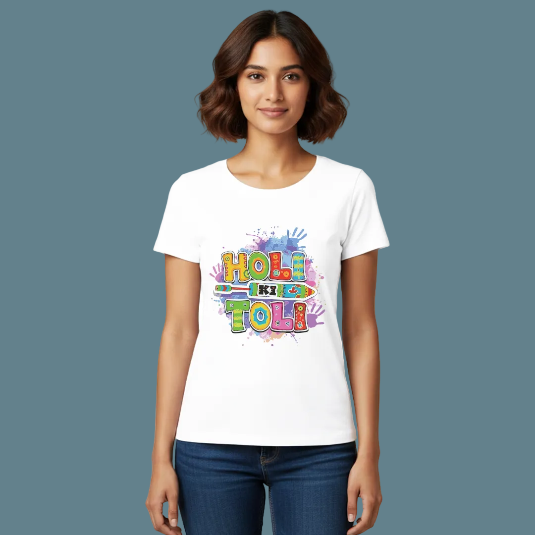 Holi Ki Toli Printed T-Shirt for Men & Women – Premium White Half Sleeve Round Neck Tees – Vibrant Festival Wear, Gulal Party Tees - Sitara Fashions