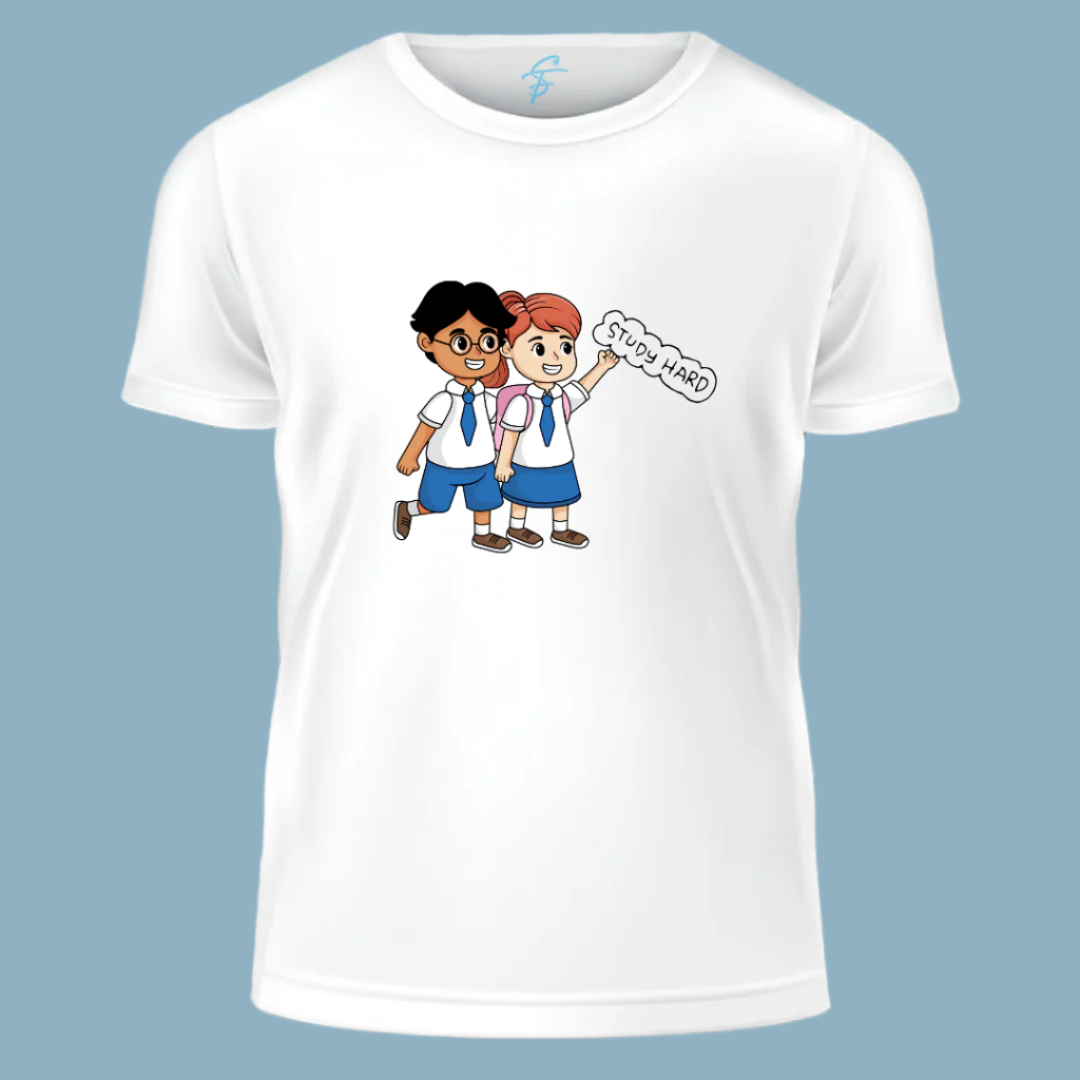 Study Hard Cartoon School Students Print Tee for Boys & Girls | Inspirational Graphic Casual Shirt for School, Study Time, and Daily Wear, T-Shirt,100% Cotton