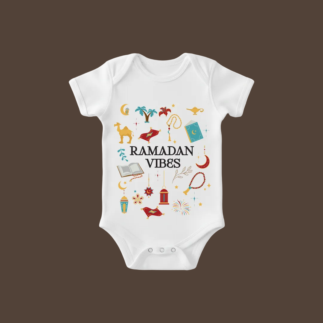 Ramadan Vibes | Modern Islamic Baby Clothing | Festive Lantern & Crescent Moon Print | Infant Romper