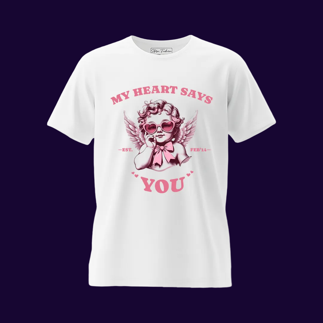 Valentine's Day Couple Shirts, Matching Couple Tees, My Heart Says You, Cupid Graphic Tees.