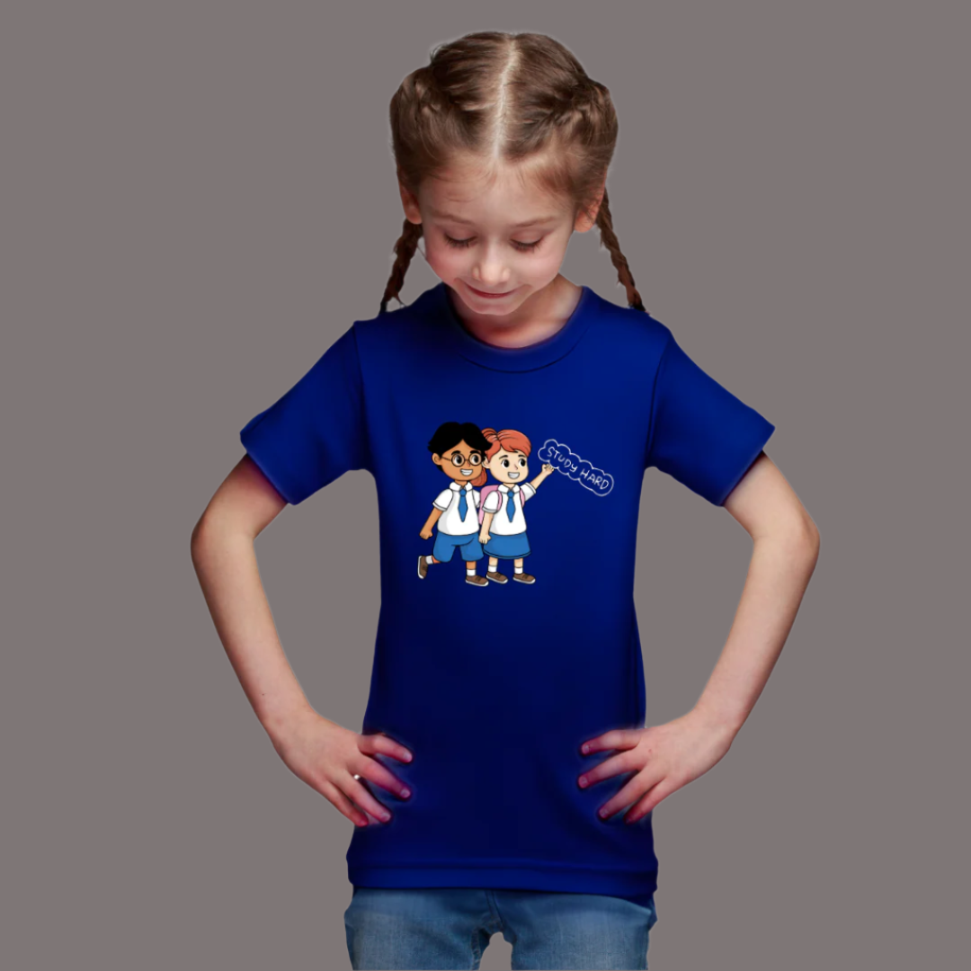 Study Hard Cartoon School Students Print Tee for Boys & Girls | Inspirational Graphic Casual Shirt for School, Study Time, and Daily Wear, T-Shirt,100% Cotton