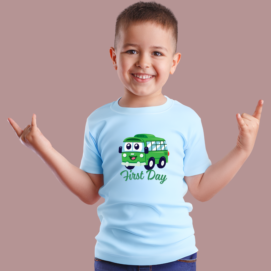 First Day of School T-Shirt for Kids – Cute Green School Bus Cartoon Tee – Back to School Outfit for Boys & Girls – Short Sleeve White Tee, T-Shirt,100% Cotton