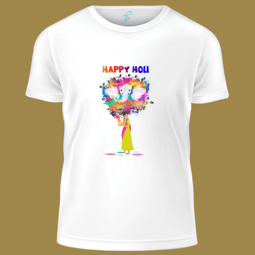 Happy Holi Festival Graphic T-Shirt, White, Colourful Design