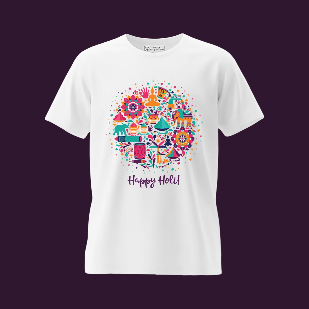 Happy Holi White T-Shirt for Men & Women – Vibrant Festival of Colors Graphic Tees – Traditional  Comfortable Cotton Festival Wear - Sitara Fashions