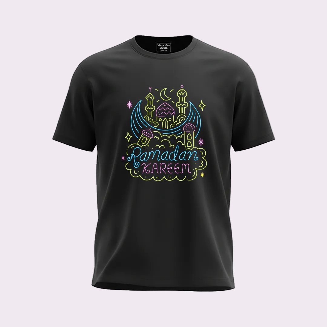 Ramadan Kareem Kids T-Shirt - Boys & Girls 2026 Collection - Neon Graphic Moon & Mosque Design -  Kids Sizes - Cotton Short Sleeve Tees