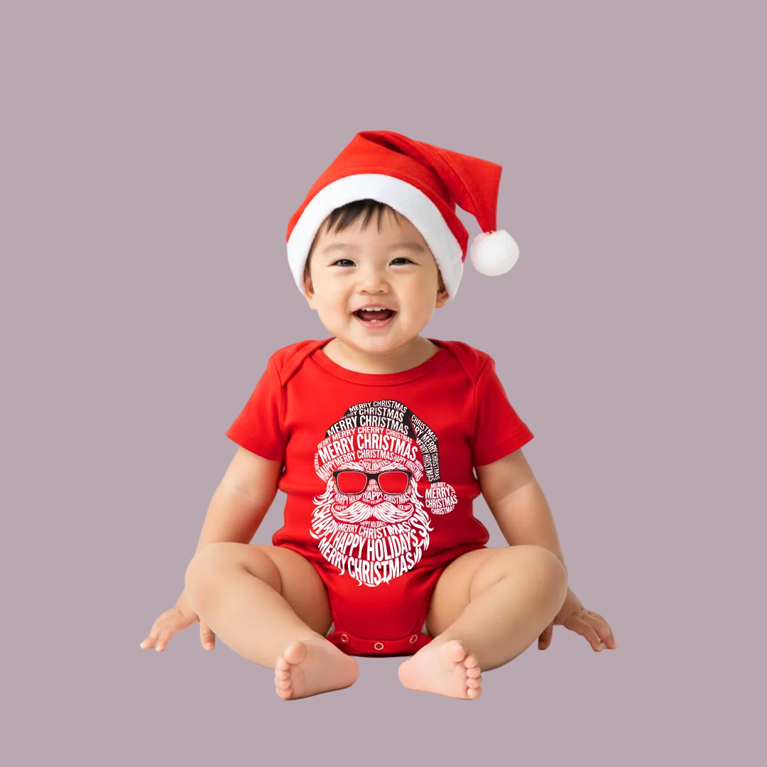 Family Matching Christmas T-Shirts | Typography Santa Face T-Shirt Set | Fun Holiday Pajama Outfits | Dad Mom Kids Baby Romper |