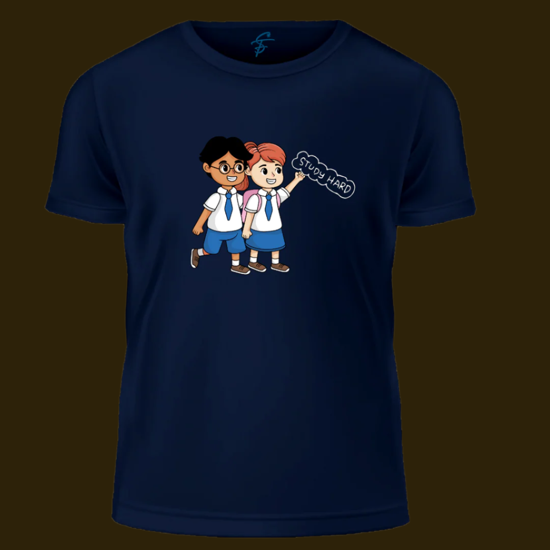 Study Hard Cartoon School Students Print Tee for Boys & Girls | Inspirational Graphic Casual Shirt for School, Study Time, and Daily Wear, T-Shirt,100% Cotton