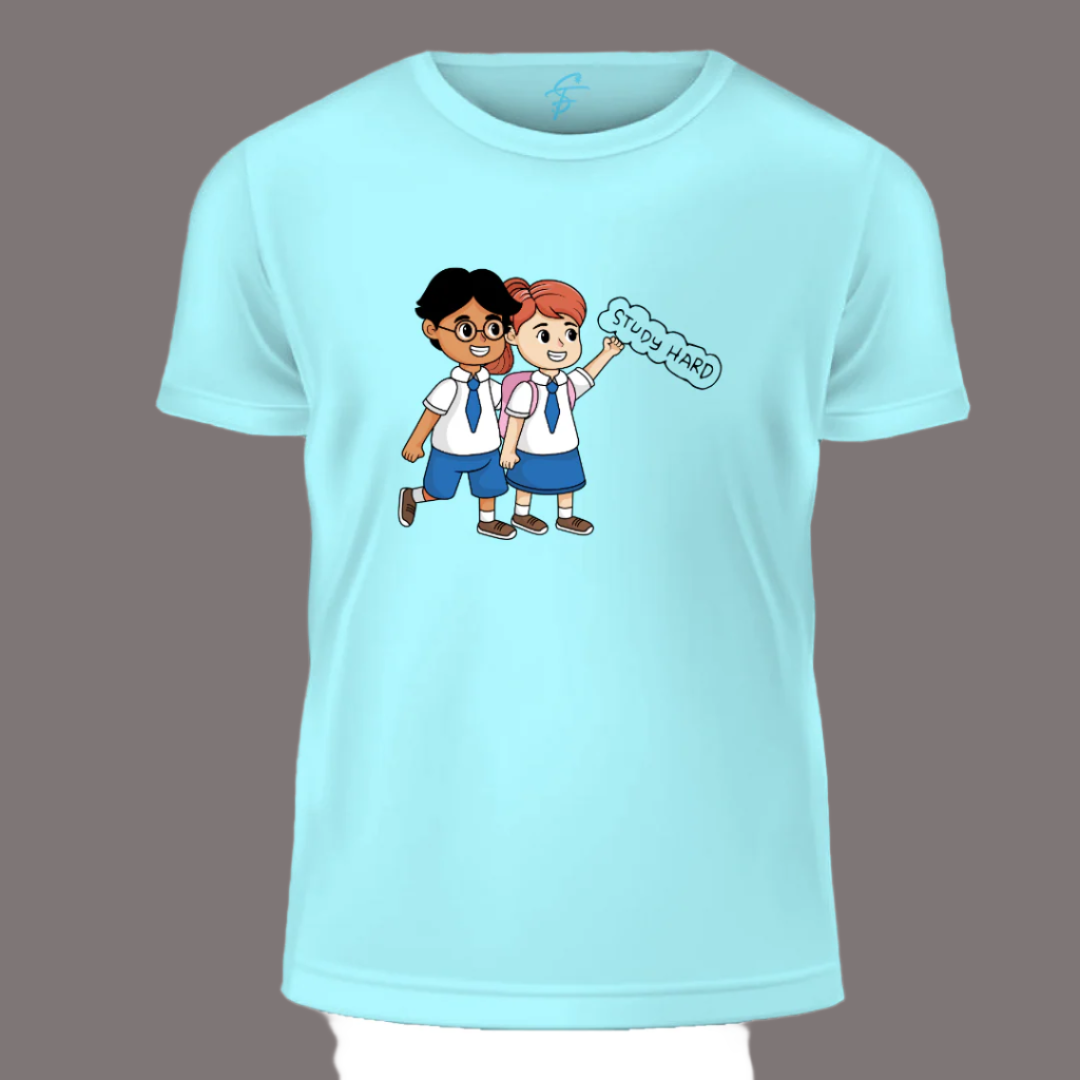 Study Hard Cartoon School Students Print Tee for Boys & Girls | Inspirational Graphic Casual Shirt for School, Study Time, and Daily Wear, T-Shirt,100% Cotton