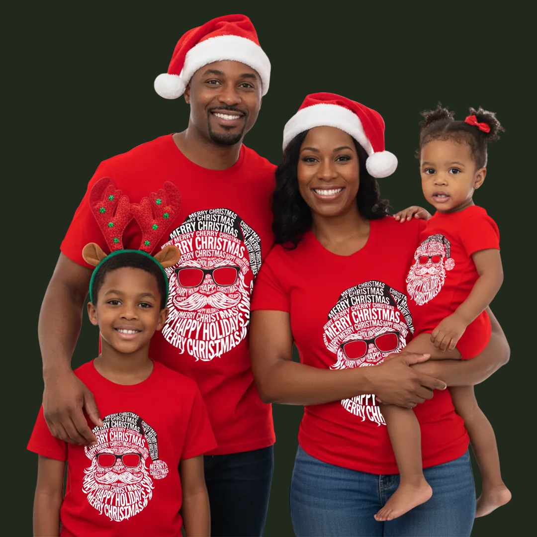 Family Matching Christmas T-Shirts | Typography Santa Face T-Shirt Set | Fun Holiday Pajama Outfits | Dad Mom Kids Baby Romper |