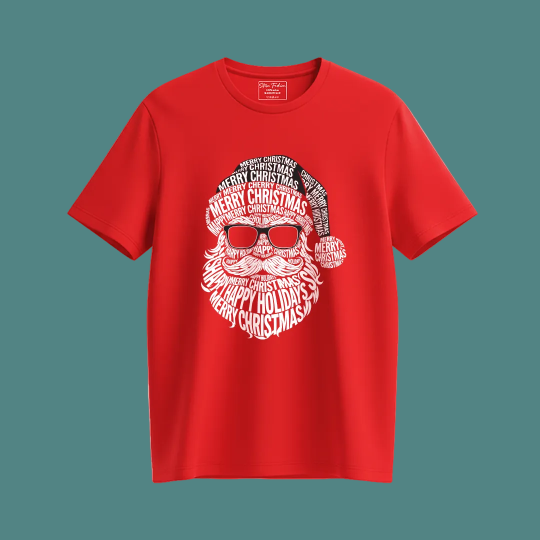 Family Matching Christmas T-Shirts | Typography Santa Face T-Shirt Set | Fun Holiday Pajama Outfits | Dad Mom Kids Baby Romper |