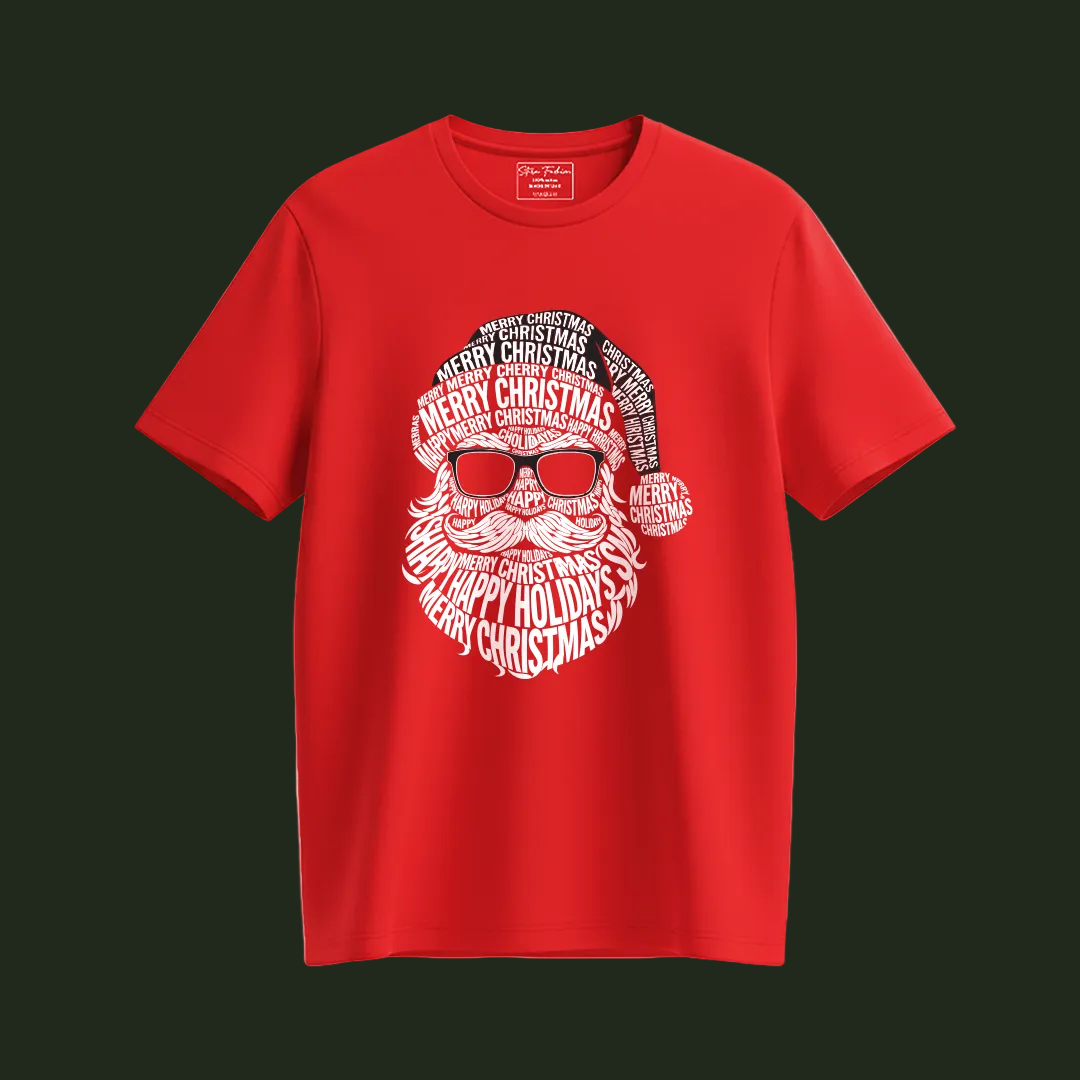 Family Matching Christmas T-Shirts | Typography Santa Face T-Shirt Set | Fun Holiday Pajama Outfits | Dad Mom Kids Baby Romper |