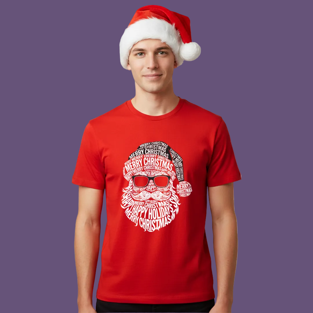 Family Matching Christmas T-Shirts | Typography Santa Face T-Shirt Set | Fun Holiday Pajama Outfits | Dad Mom Kids Baby Romper |