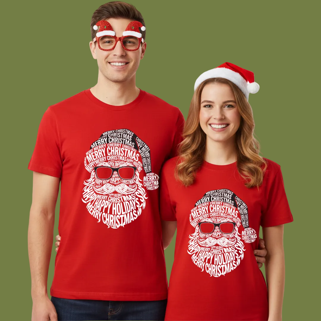 Family Matching Christmas T-Shirts | Typography Santa Face T-Shirt Set | Fun Holiday Pajama Outfits | Dad Mom Kids Baby Romper |