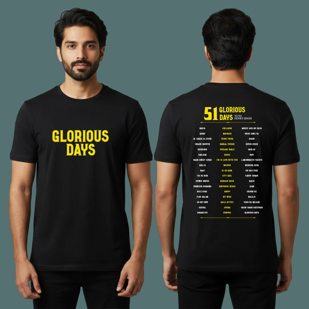 Yo Yo Honey Singh Glorious Days Album T-Shirt | 51 Songs Tracklist Print | Black Cotton Crew Neck Merch
