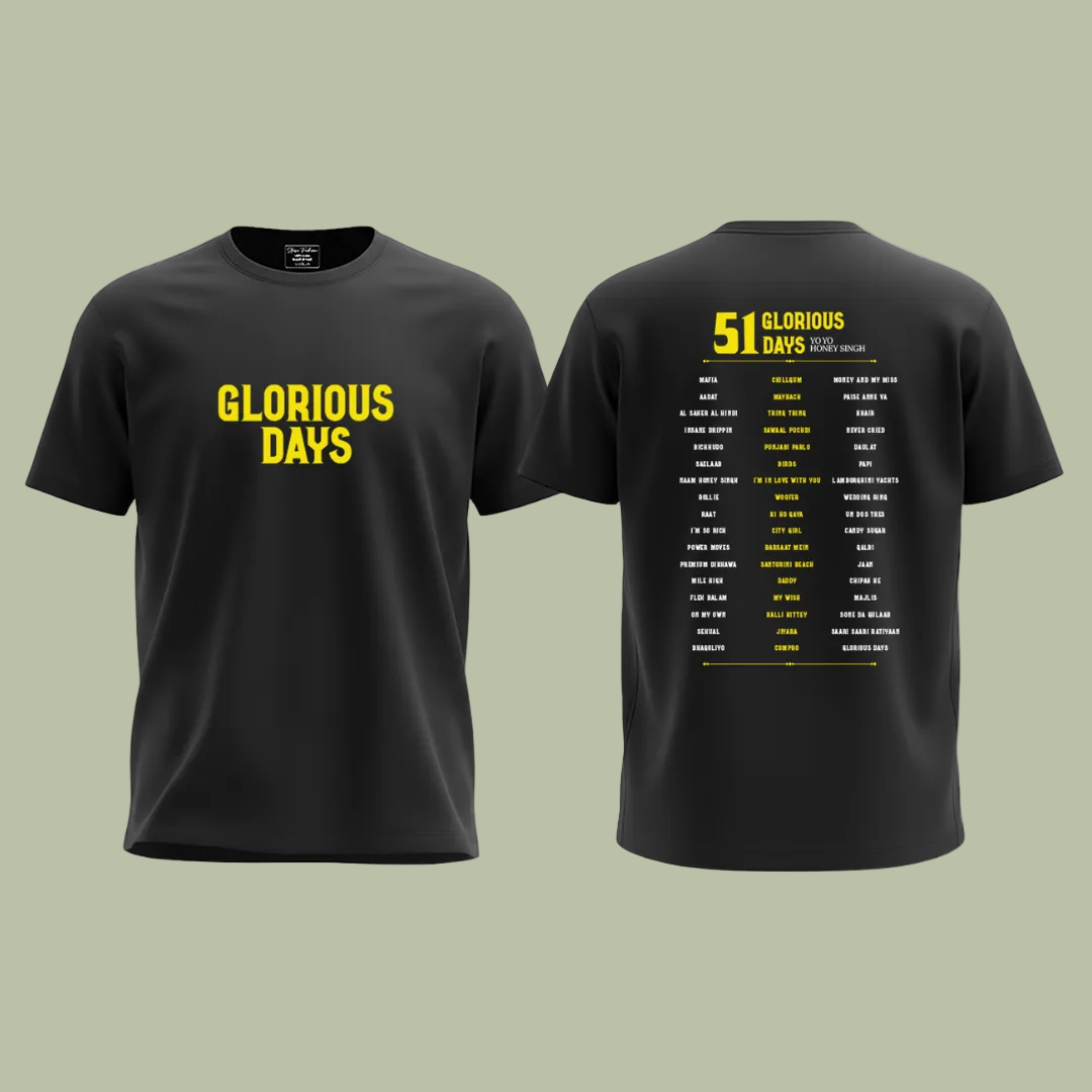 Yo Yo Honey Singh Glorious Days Album T-Shirt | 51 Songs Tracklist Print | Black Cotton Crew Neck Merch