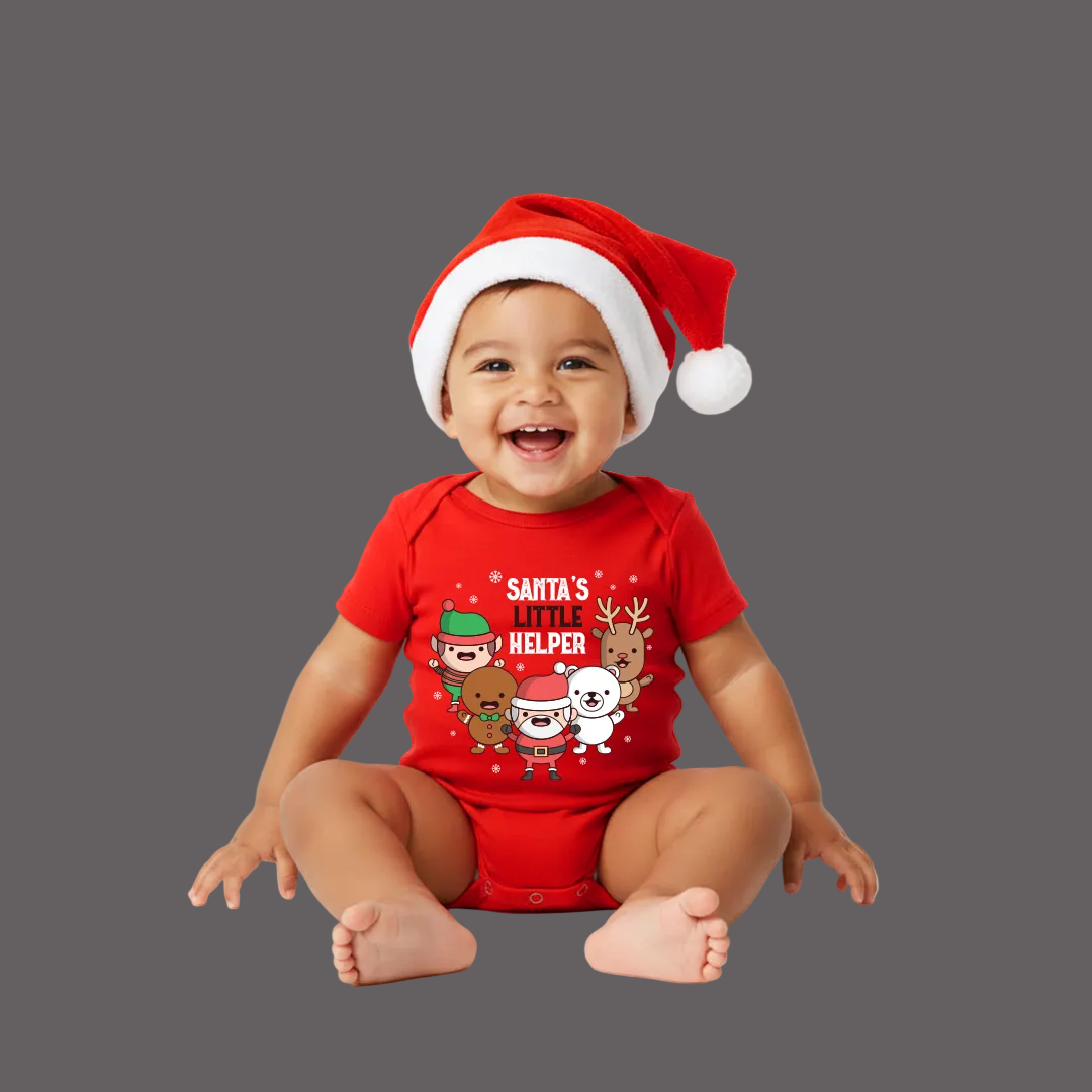 Santa's Little Helper Baby Romper/T-Shirt - Red Christmas Crew Design with Elf, Santa, Reindeer, Polar Bear - Infant Holiday Outfit