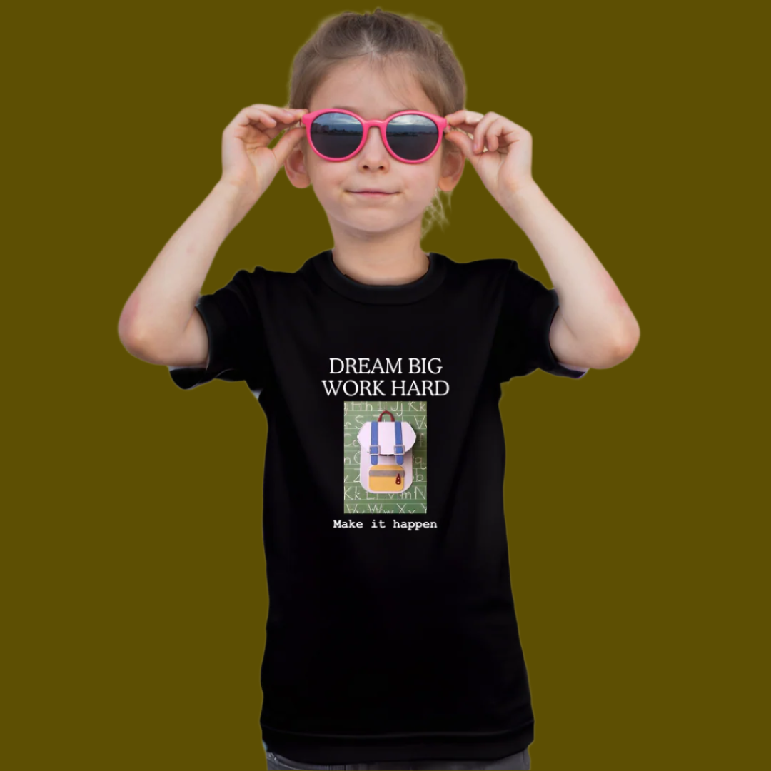 Dream Big Work Hard Make It Happen Quote Tee with Backpack Design - Casual Motivational Printed Shirt for School, Gym & Daily Wear, T-Shirt,100% Cotton