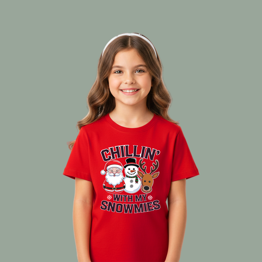 Funny Kids "Chillin' with my Snowmies" Christmas T-Shirt | Santa, Snowman, Reindeer Graphic Tee