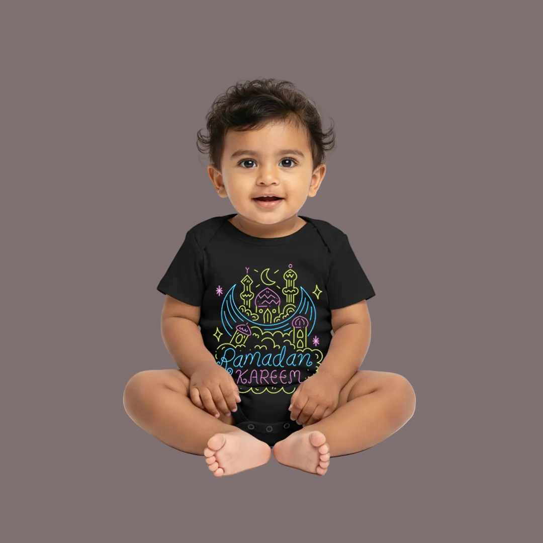 Ramadan Kareem Baby Onesie | Neon Line Art Mosque Design | Cotton Infant Romper | Islamic Baby Clothes
