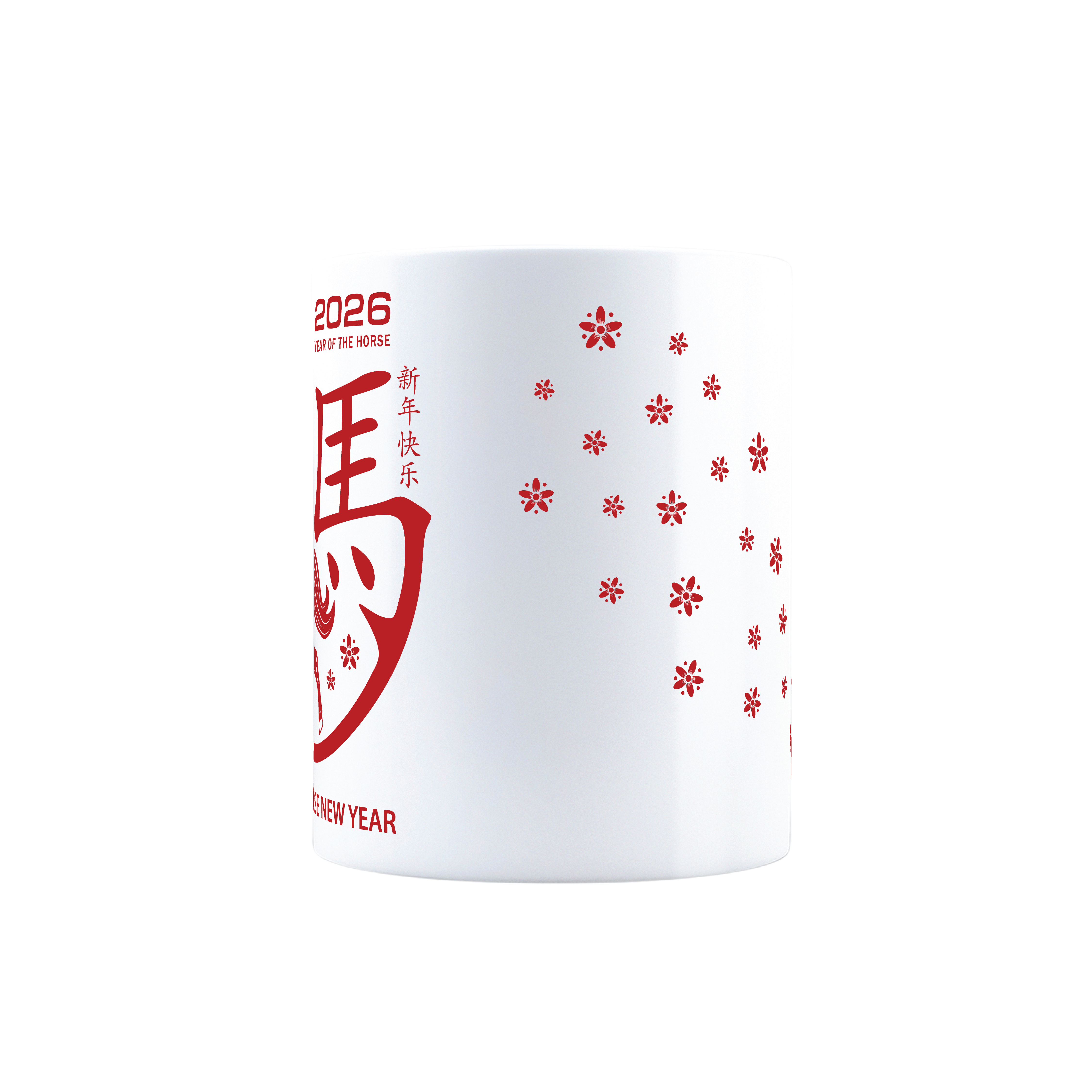 Year of the Horse 2026 Ceramic Coffee Mug - Traditional Chinese Zodiac Lunar New Year Gift - Elegant Floral & Calligraphy Design, 11oz Cup for Friends and Family - Red and White - Sitara Fashions