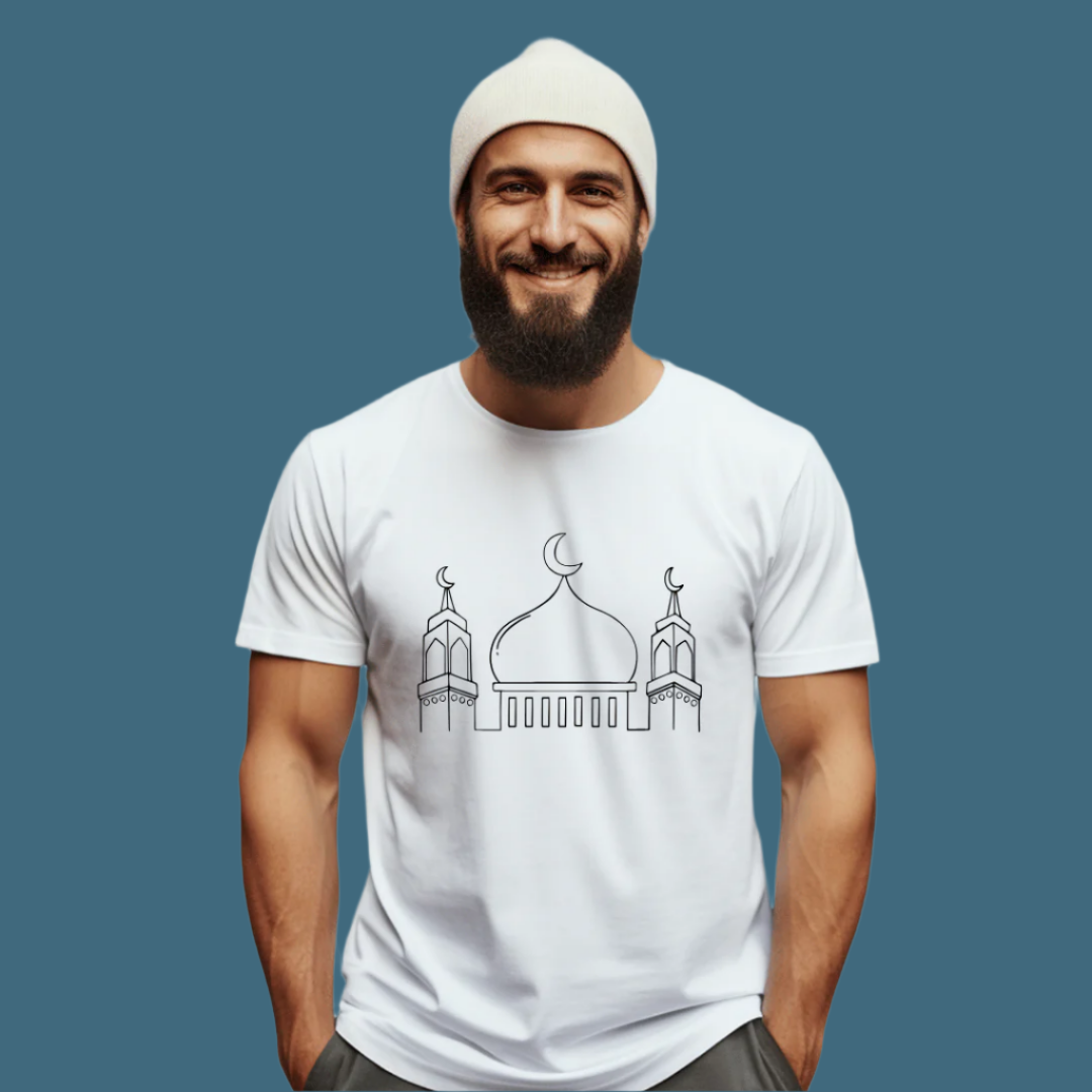 Mosque Design T-Shirt, Islamic Line Art Print, 100% Cotton, Ramadan Collection