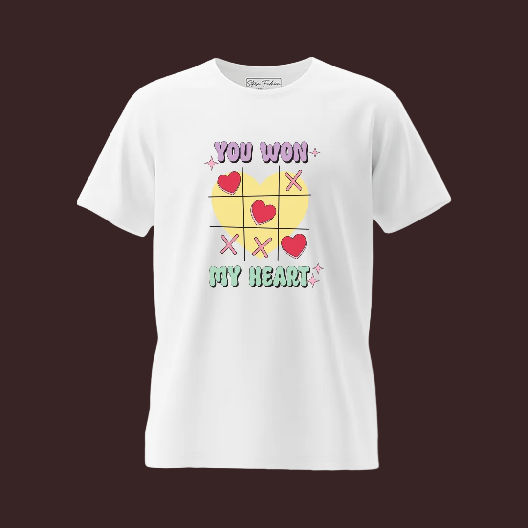 Matching Valentine's Day T-Shirts for Couples, "You Won My Heart" Tic Tac Toe Graphic Tee, White Cotton Unisex Fit
