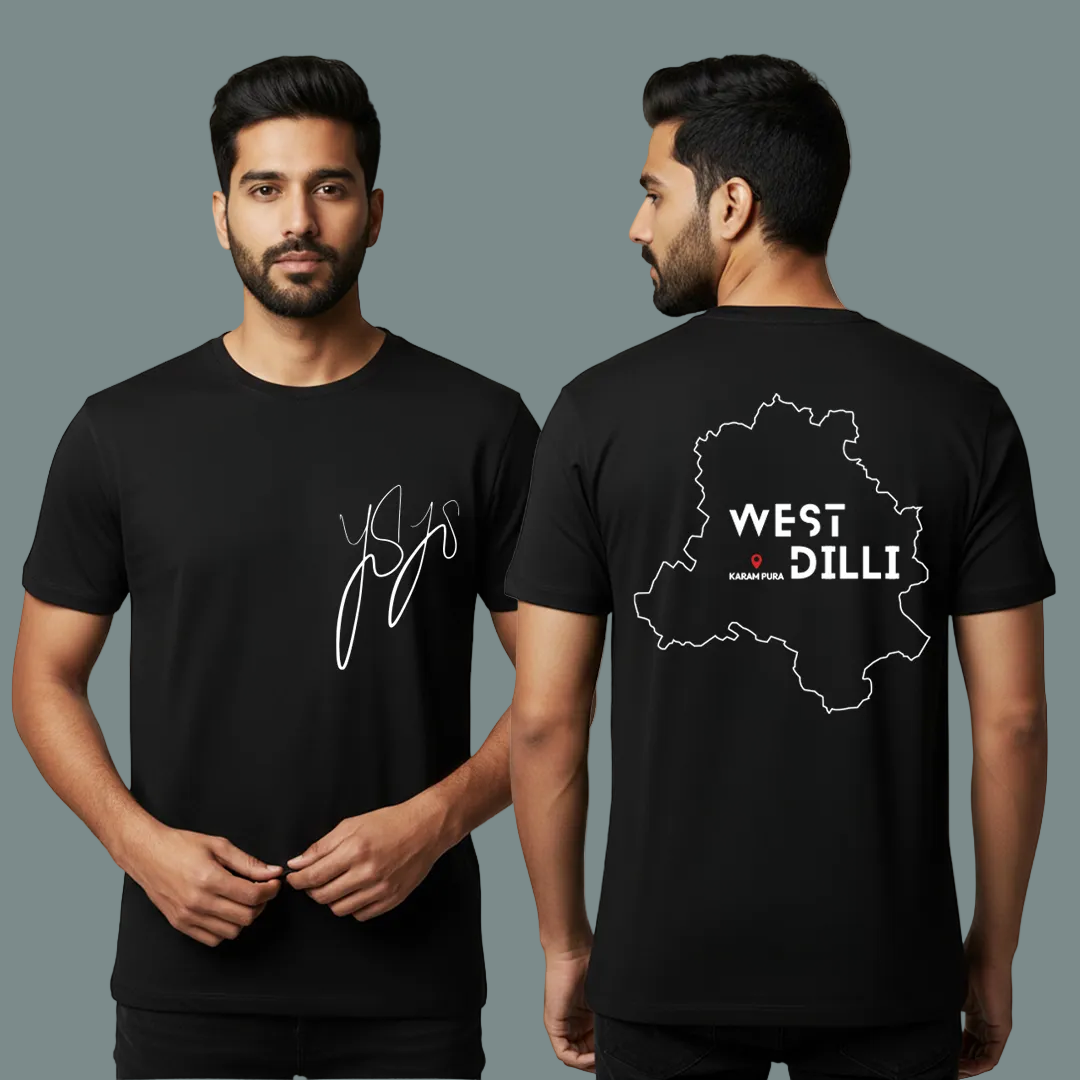 West Dilli Karam Pura Graphic Print T-Shirt for Men | Black & White Cotton Round Neck Streetwear Tee